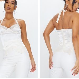 Pretty Little Thing Champagne Satin Lace Trim Halterneck Pointed Hem Corset